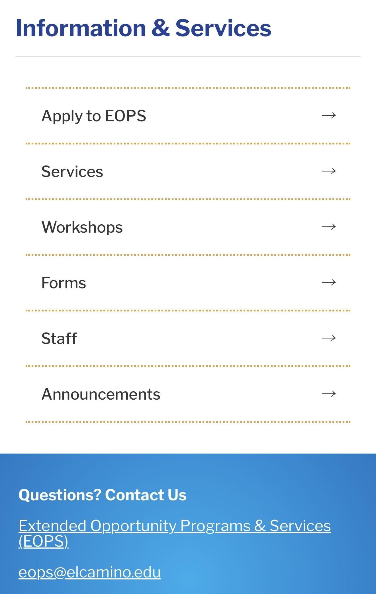 El Camino App quick links page