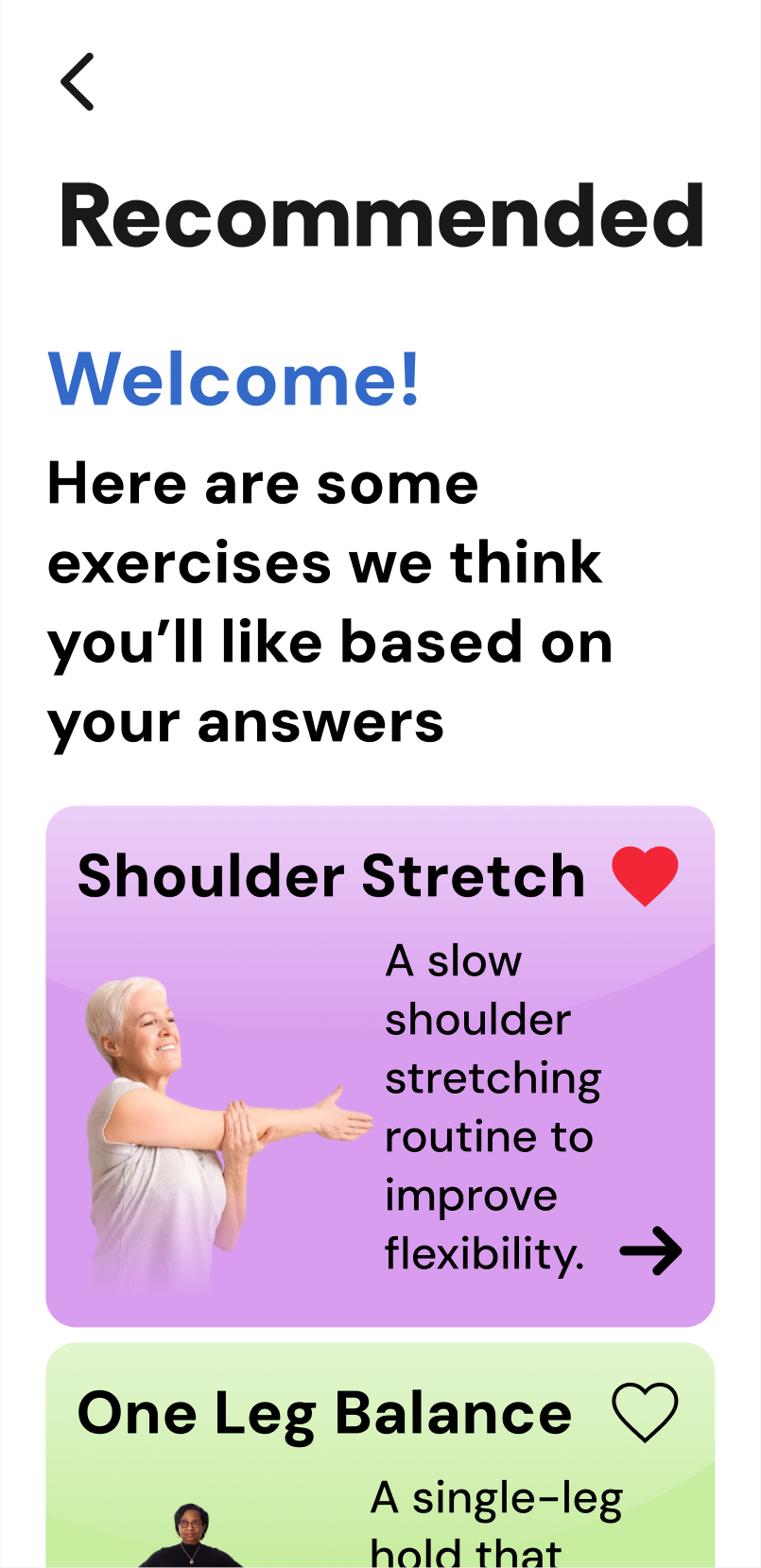 StayFit recommended workouts screen